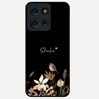 Quiet Garden Tune Custom Name Glass Case showing flat back view with peaceful garden artwork and personalized name design.