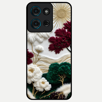 Radiant Bloom Elegance Glass Case showing flat back view with elegant blooming flower artwork and glossy glass finish.