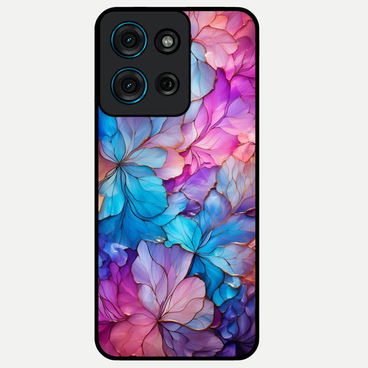 Radiant Floral Whirl Glass Case showing flat back view with swirling floral artwork and glossy glass finish.