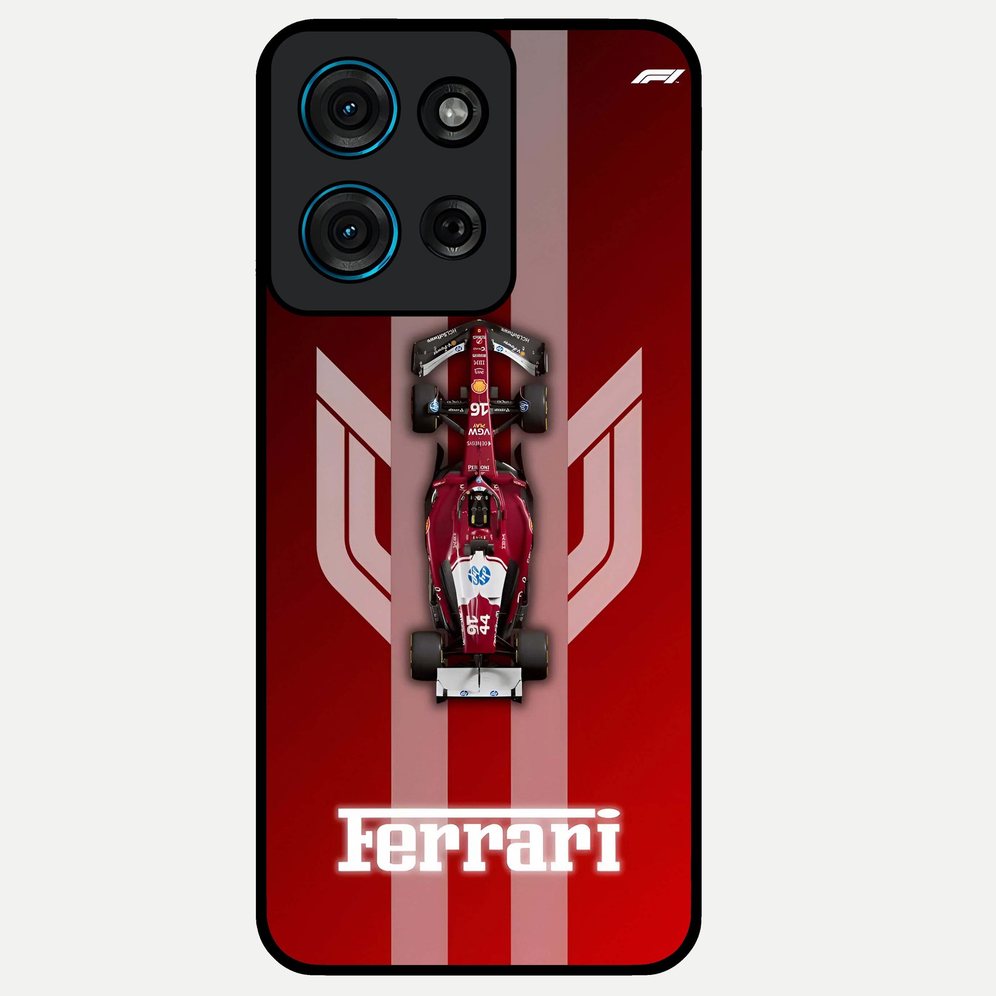 Red Ferrari F1 Vertical Glass Case showing flat back view with sleek Formula racing car artwork and glossy glass finish.