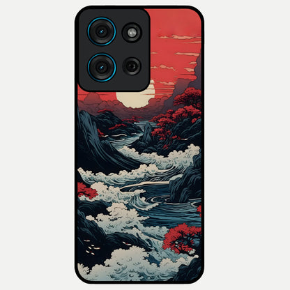 Red Sunset Scenery Glass Case showing flat back view with vibrant sunset landscape artwork and glossy glass finish.