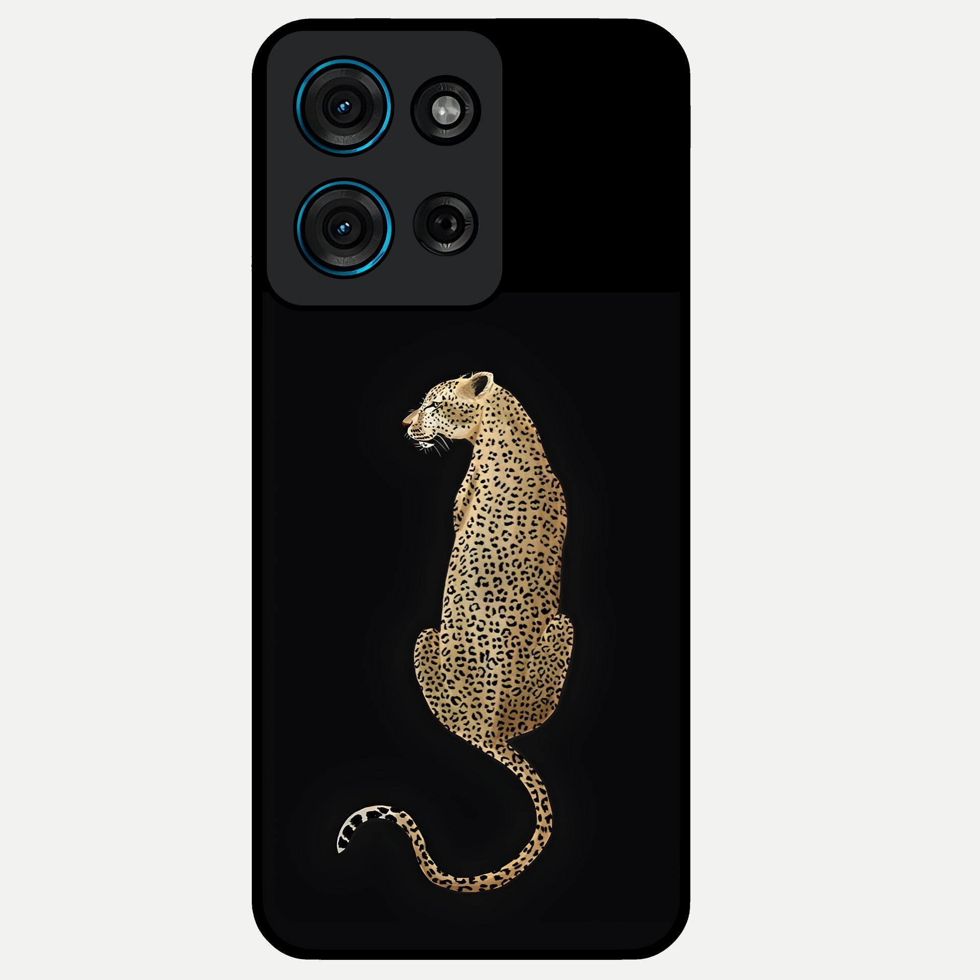 Regal Leopard Glass Case showing flat back view with bold leopard artwork and glossy glass finish.