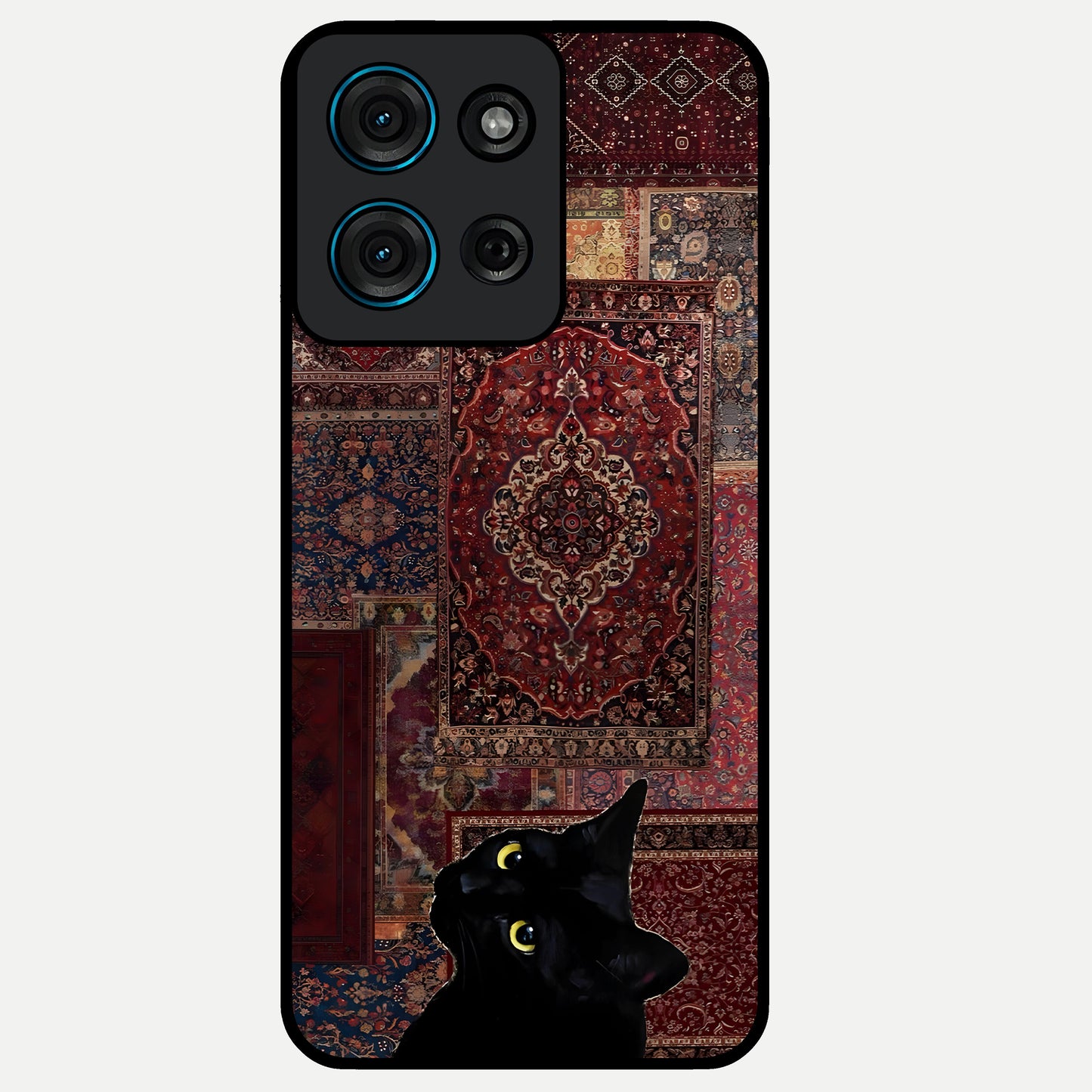 Regal Magic Cat Apple Glass Case showing flat back view with magical cat artwork holding apple and glossy glass finish.
