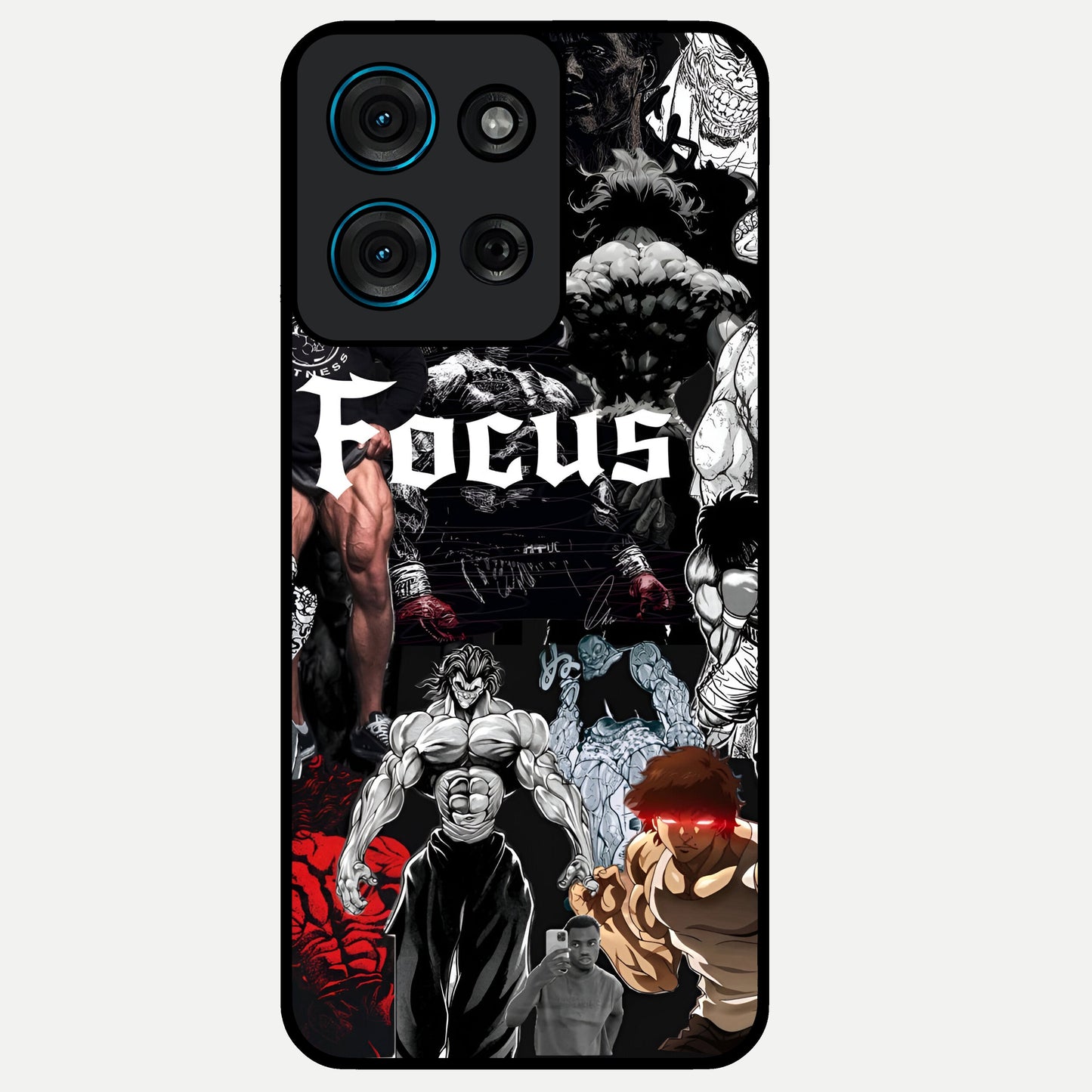 Relentless Power Focus Glass Case showing flat back view with motivational typography artwork and glossy glass finish.