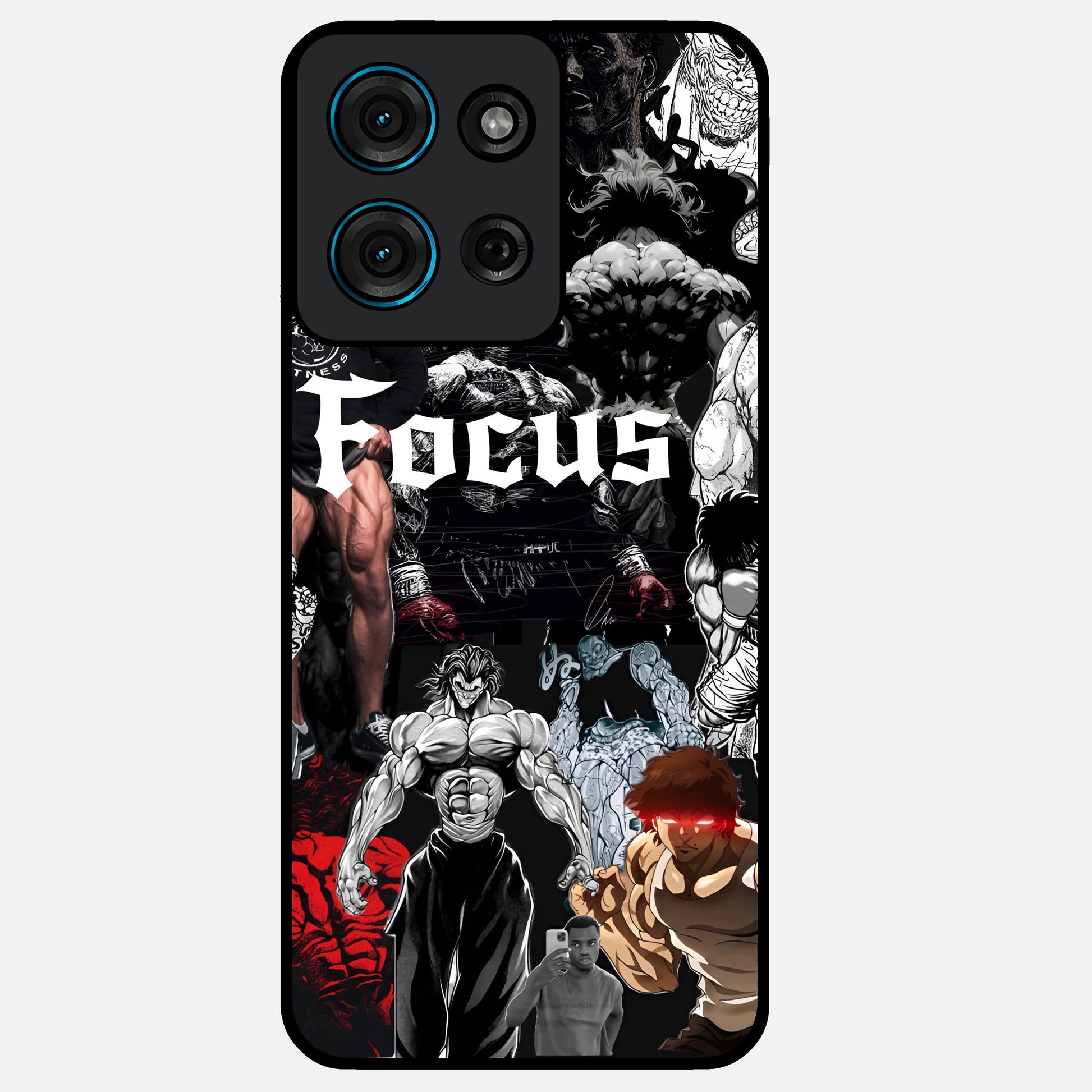 Relentless Power Focus Glass Case showing flat back view with motivational typography artwork and glossy glass finish.