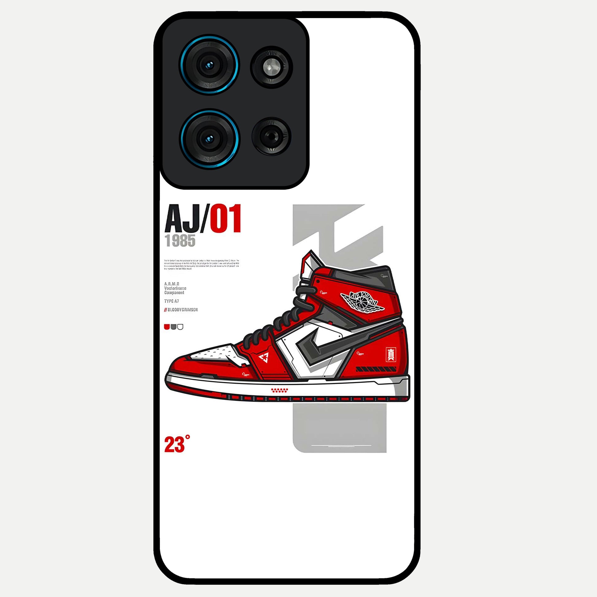 Retro Sneaker Blueprint Glass Case showing flat back view with sneaker blueprint style artwork and glossy glass finish.