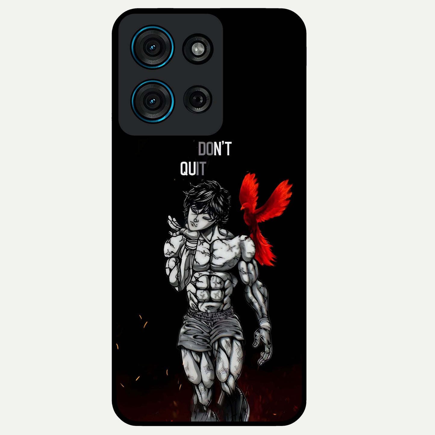 Rise Beyond Limits Glass Case showing flat back view with motivational typography artwork and glossy glass finish.