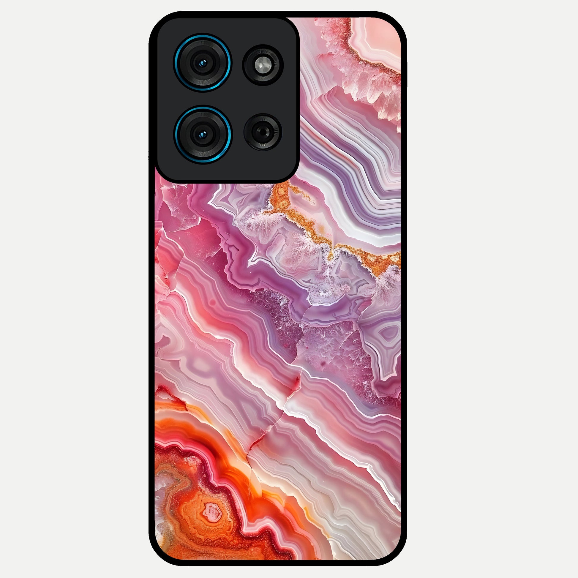 Rose Quartz Marble Glass Case showing flat back view with pink marble quartz texture artwork and glossy glass finish.