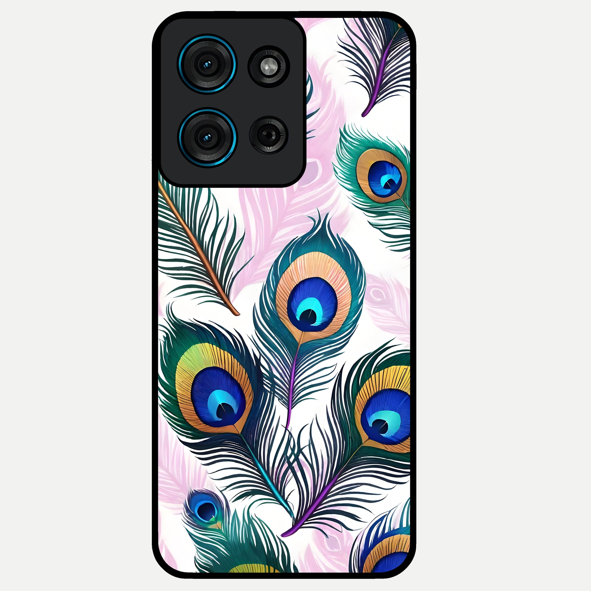 Royal Peacock Feathers Glass Case showing flat back view with colorful peacock feather artwork and glossy glass finish.
