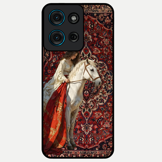 Royal Rider Tapestry Glass Case showing flat back view with majestic horse rider tapestry artwork and glossy glass finish.