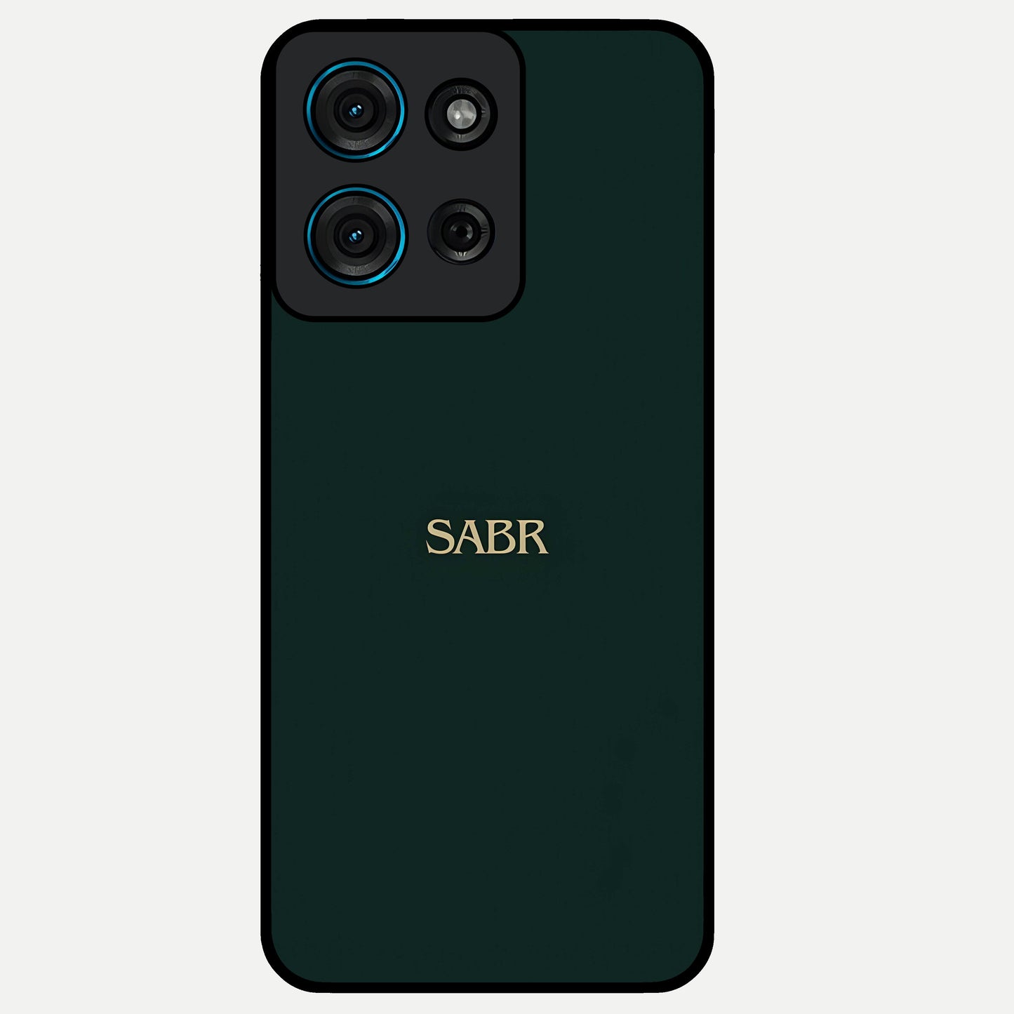 Sabr Minimal Patience Glass Case showing flat back view with minimalist typography artwork and glossy glass finish.