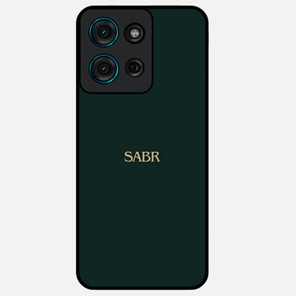 Sabr Minimal Patience Glass Case showing flat back view with minimalist typography artwork and glossy glass finish.
