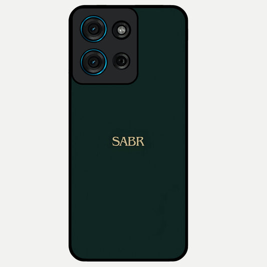 Sabr Minimal Patience Glass Case showing flat back view with minimalist typography artwork and glossy glass finish.