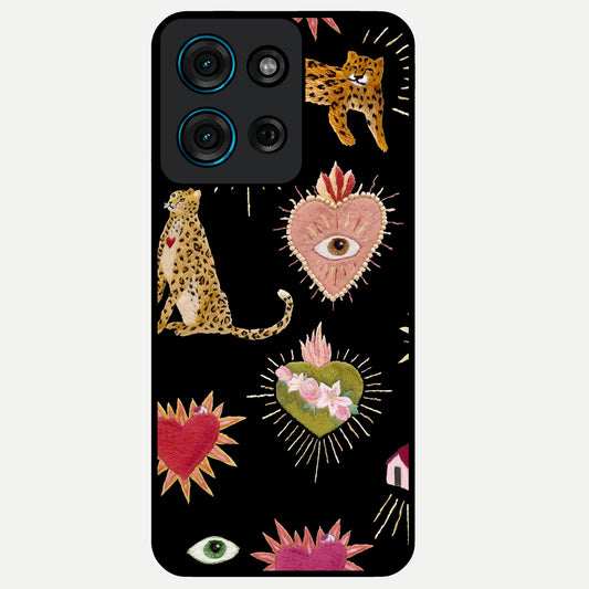 Sacred Jungle Heart Glass Case showing flat back view with jungle inspired heart artwork and glossy glass finish.