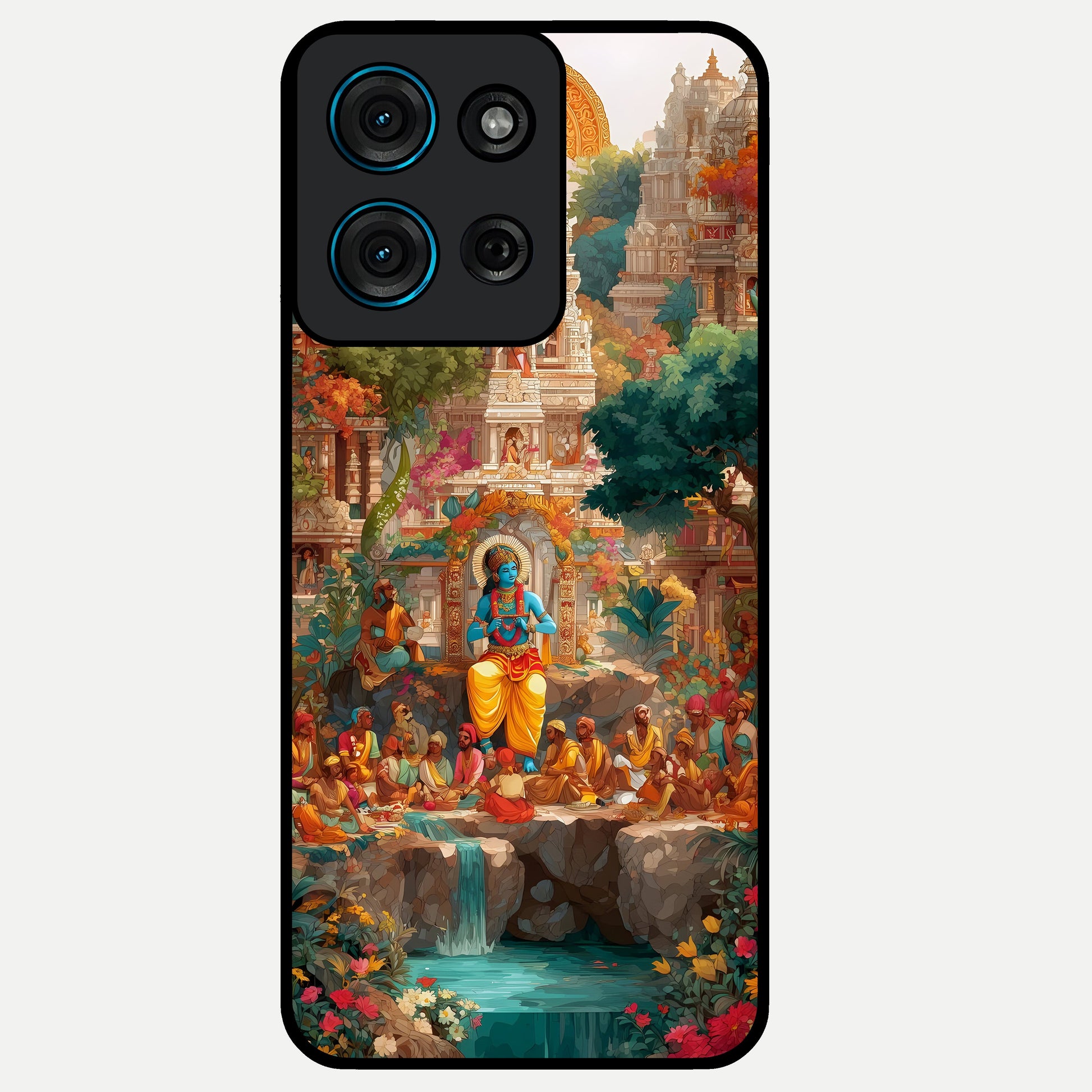 Sacred Sunlight Gods Glass Case showing flat back view with divine sunlight themed artwork and glossy glass finish.