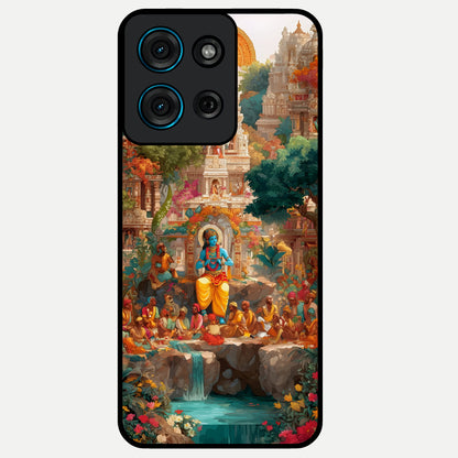 Sacred Sunlight Gods Glass Case showing flat back view with divine sunlight themed artwork and glossy glass finish.