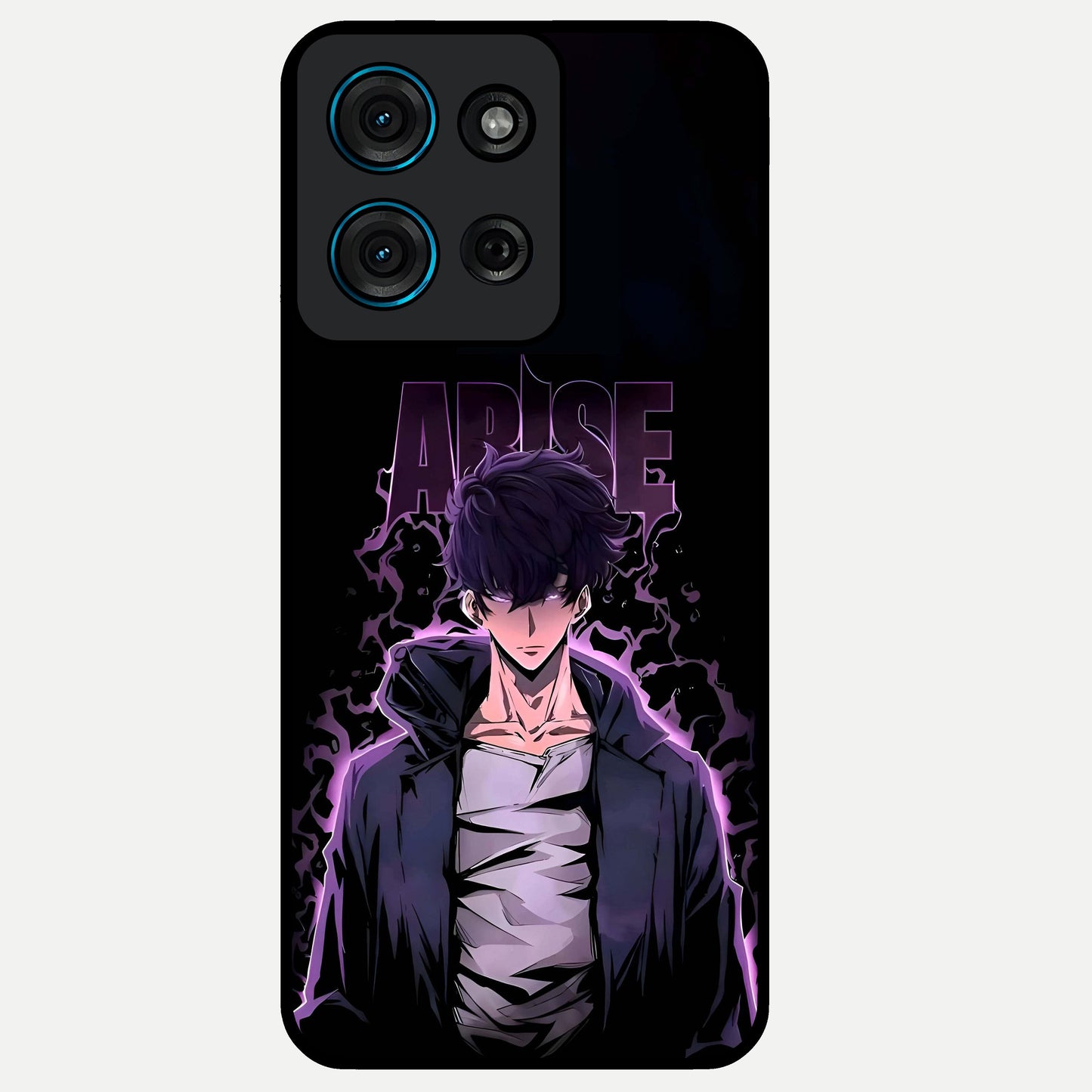 Shadow Monarch Awakening Glass Case showing flat back view with powerful dark monarch themed artwork and glossy glass finish.