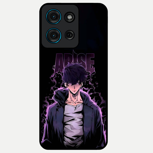 Shadow Monarch Awakening Glass Case showing flat back view with powerful dark monarch themed artwork and glossy glass finish.