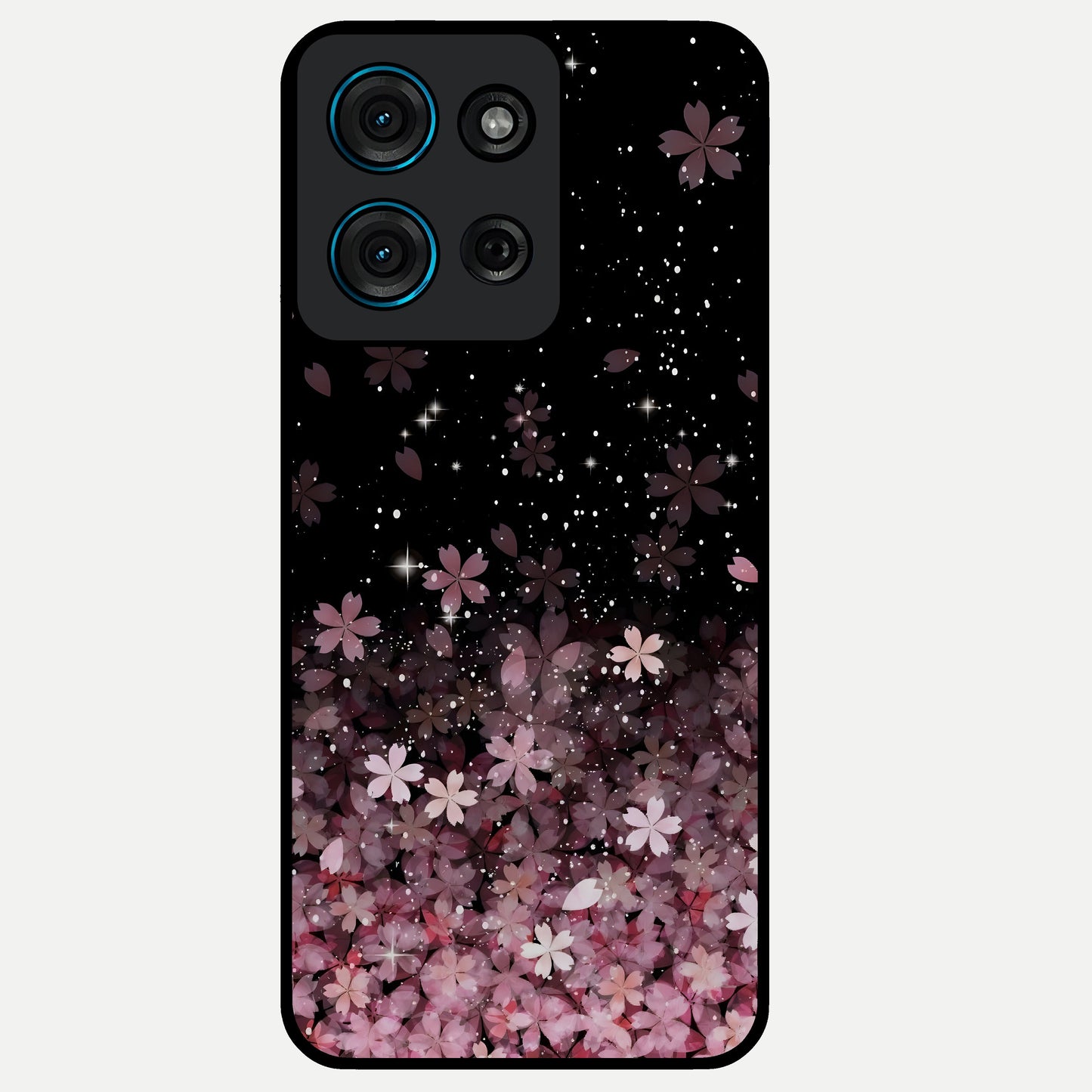 Small Starry Flowers Glass Case showing flat back view with delicate starry floral artwork and glossy glass finish.