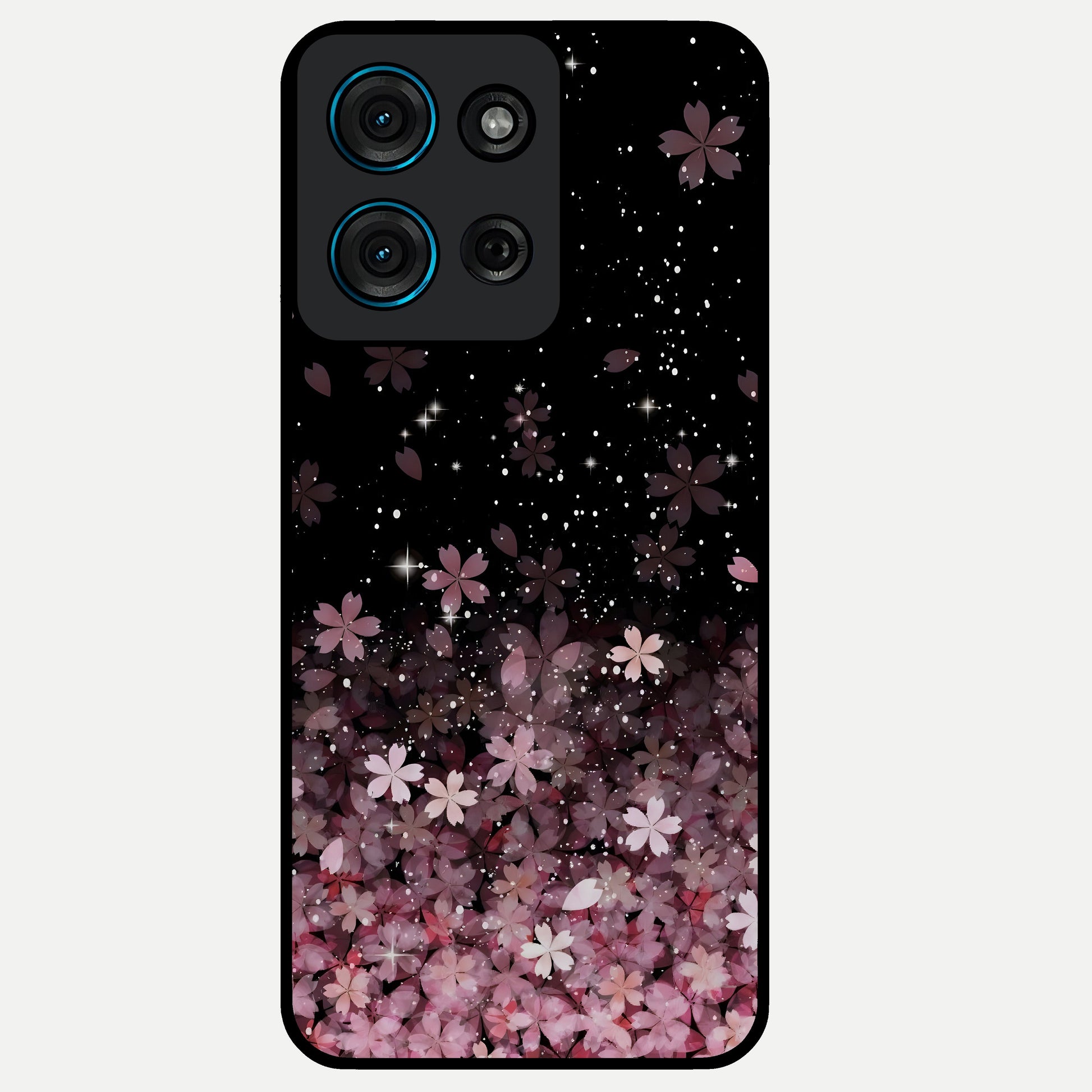 Small Starry Flowers Glass Case showing flat back view with delicate starry floral artwork and glossy glass finish.