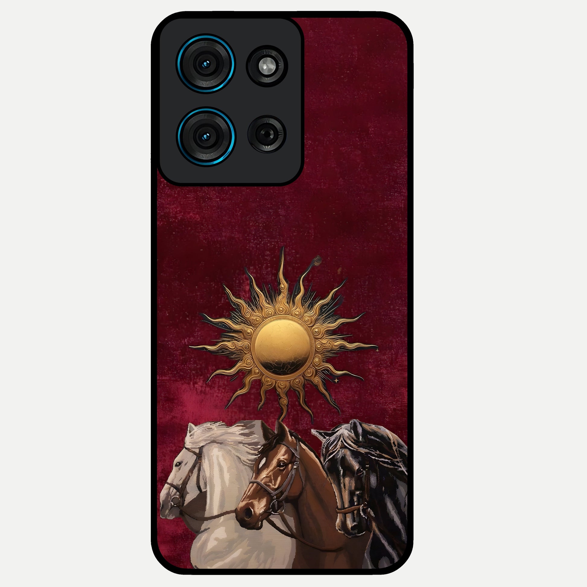 Solar Riders Glass Case showing flat back view with dynamic rider themed artwork and glossy glass finish.