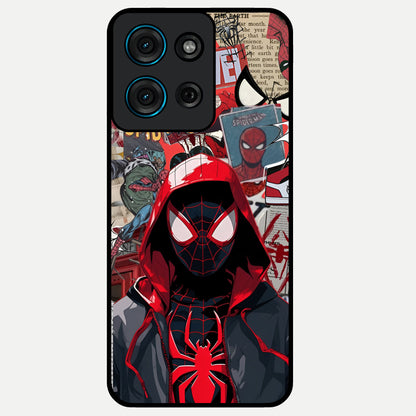 Spider Collage Street Glass Case showing flat back view with vibrant superhero collage artwork and glossy glass finish.