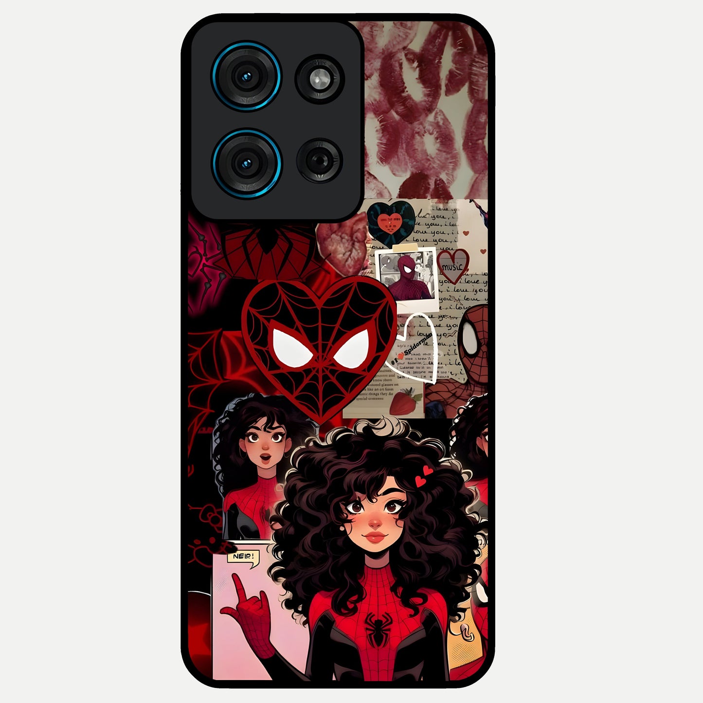 Spider Love Story Glass Case showing flat back view with romantic superhero themed artwork and glossy glass finish.