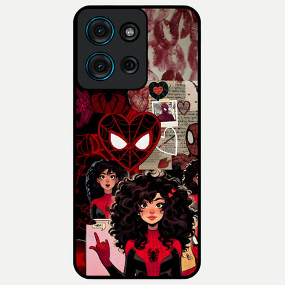 Spider Love Story Glass Case showing flat back view with romantic superhero themed artwork and glossy glass finish.
