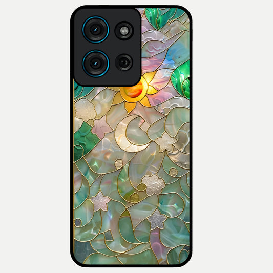 Stained Sunrise Glow Glass Case showing flat back view with glowing sunrise stained pattern artwork and glossy glass finish.