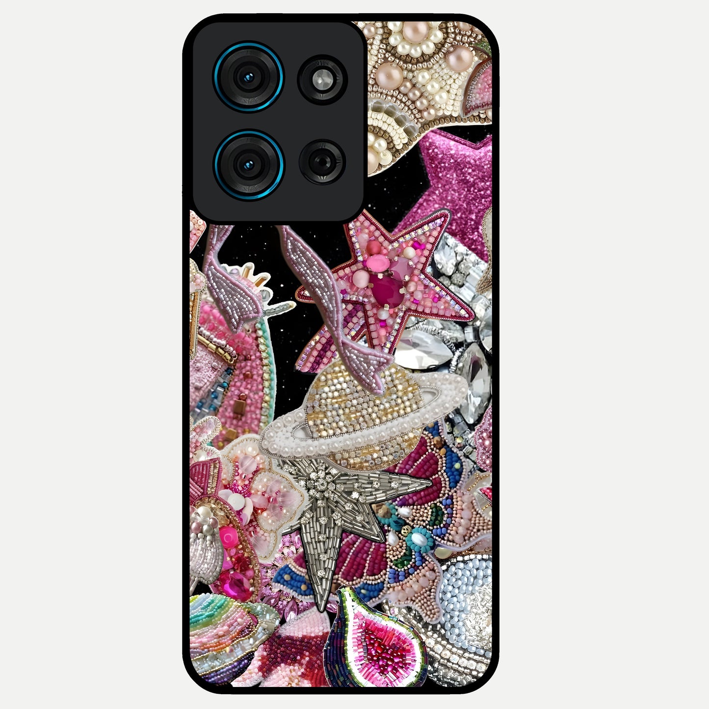 Starlit Jewel Dream Glass Case showing flat back view with sparkling jewel and star themed artwork and glossy glass finish.