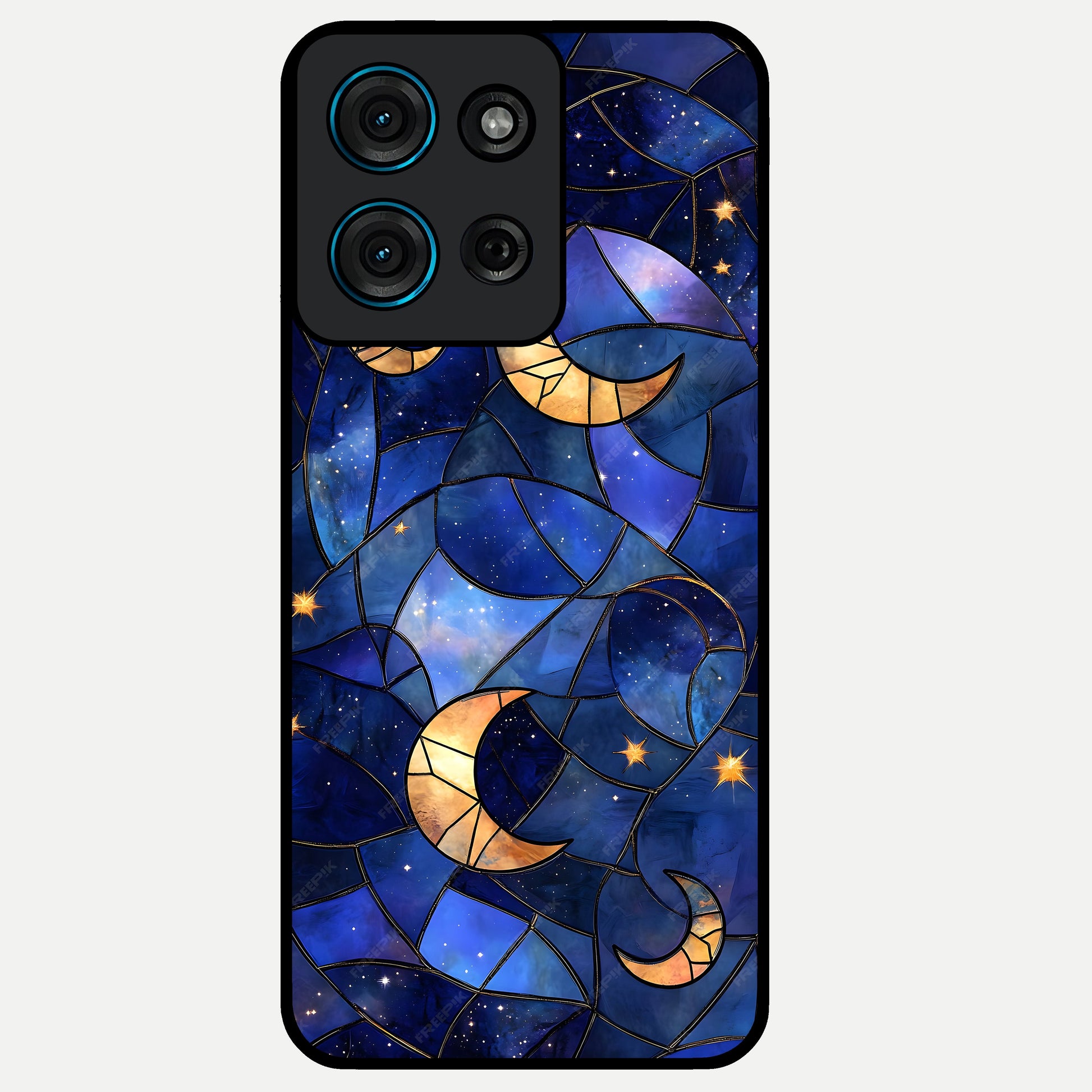 Starlit Sky Tapestry Glass Case showing flat back view with decorative starry sky tapestry artwork and glossy glass finish.