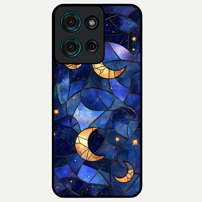 Starlit Sky Tapestry Glass Case showing flat back view with decorative starry sky tapestry artwork and glossy glass finish.
