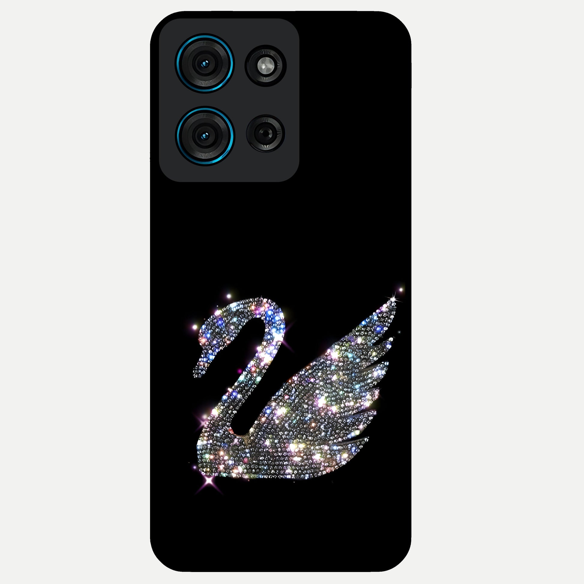 Starlit Swan Grace Glass Case showing flat back view with graceful swan artwork under starry sky and glossy glass finish.