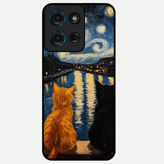 Starry River Cats Glass Case showing flat back view with cats by a starry river artwork and glossy glass finish.