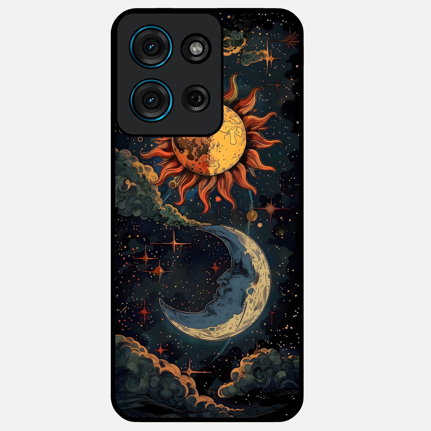 Sun And Moon Magic Design Glass Case showing flat back view with mystical sun and moon artwork and glossy glass finish.