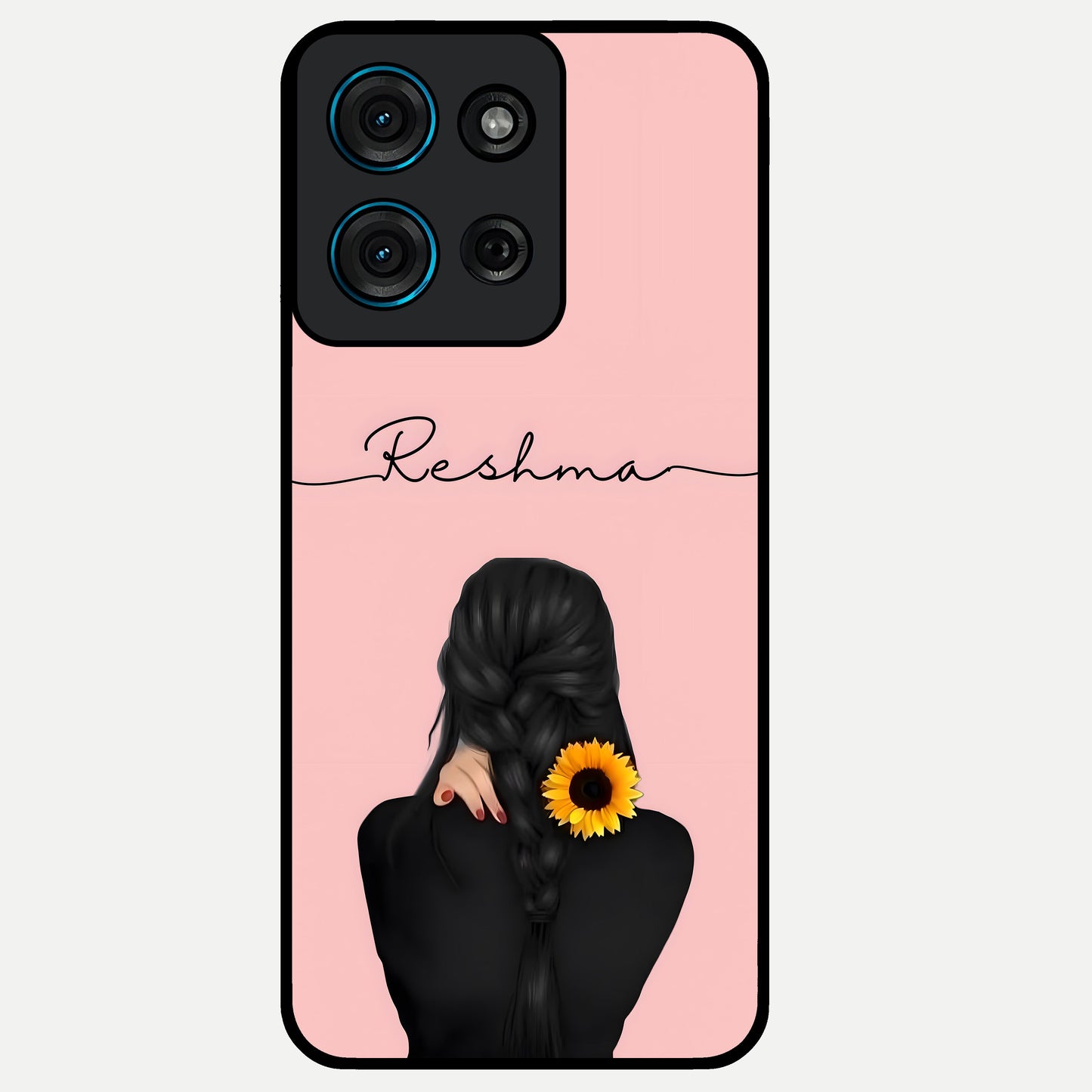 Sunflower Braid Beauty With Custom Name Glass Case showing flat back view with sunflower braid artwork and personalized name design.