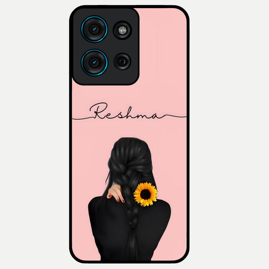 Sunflower Braid Beauty With Custom Name Glass Case showing flat back view with sunflower braid artwork and personalized name design.