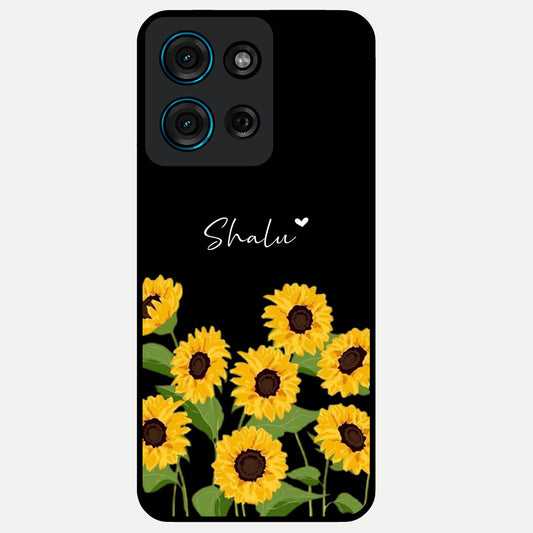 Sunflower Chic Mood Custom Name Glass Case showing flat back view with stylish sunflower artwork and personalized name design.