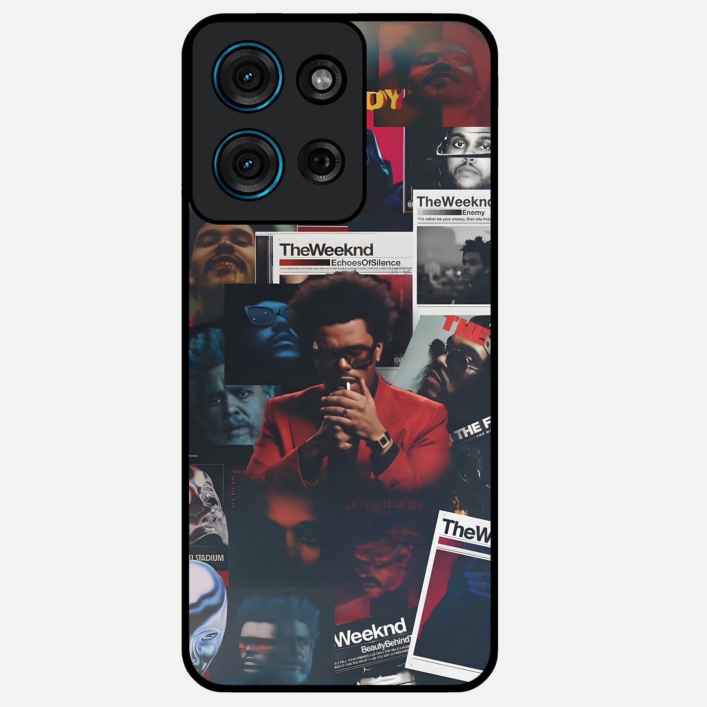 The Weeknd Glass Case showing flat back view with music inspired artistic portrait artwork and glossy glass finish.
