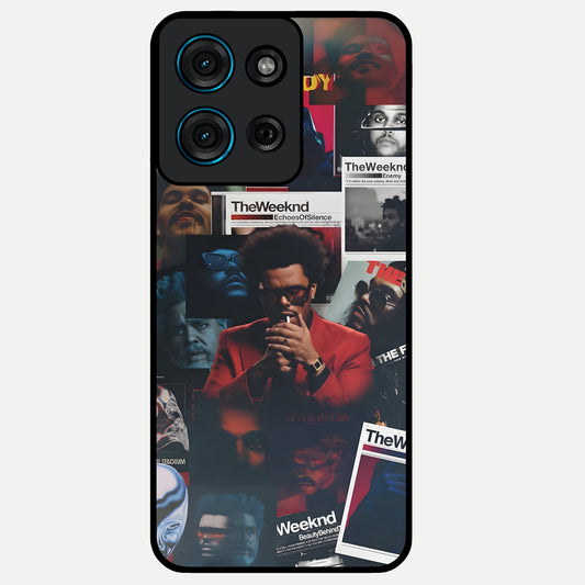 The Weeknd Glass Case showing flat back view with music inspired artistic portrait artwork and glossy glass finish.