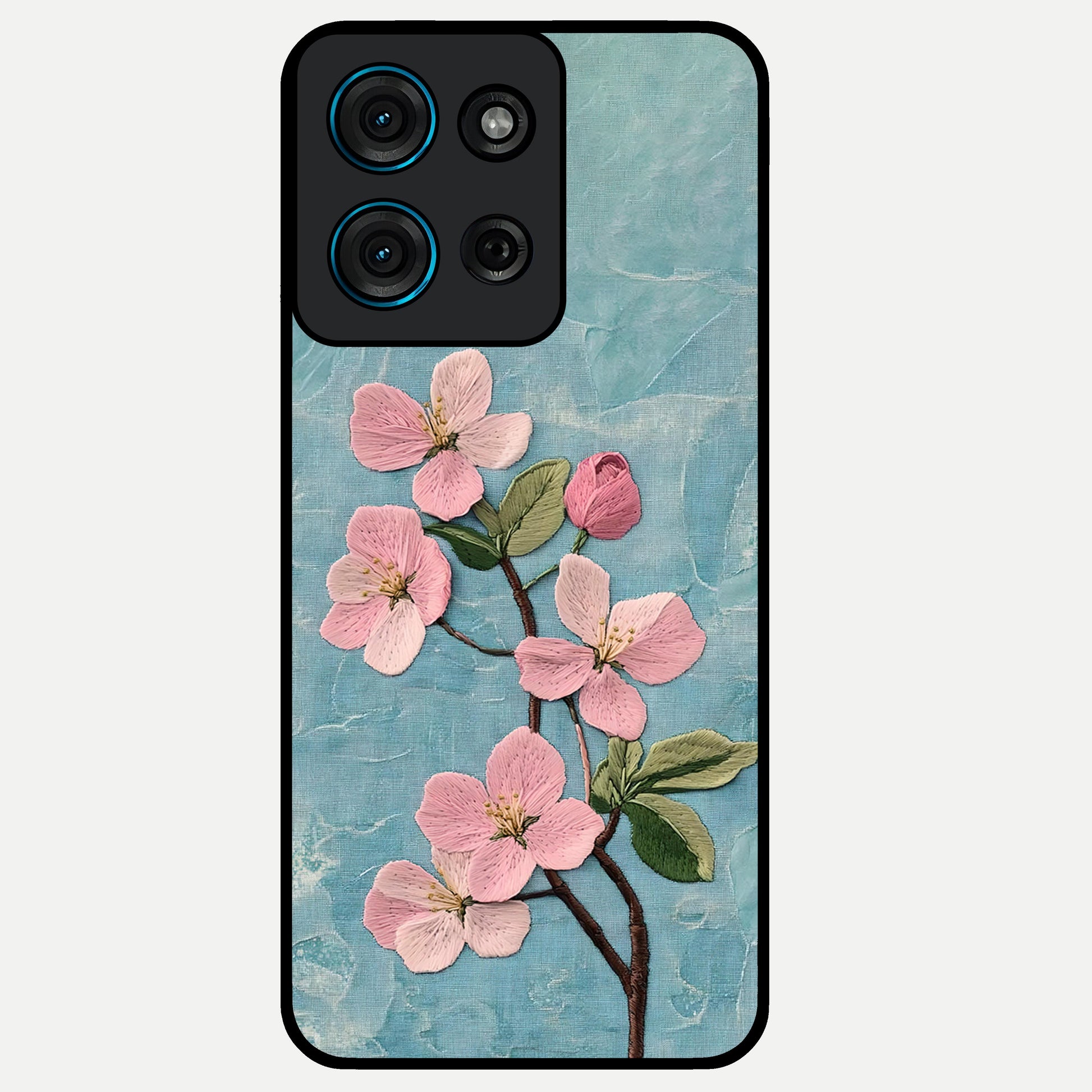 Threaded Blossom Breeze Glass Case showing flat back view with delicate blossom artwork and glossy glass finish.