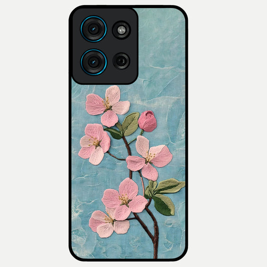 Threaded Blossom Breeze Glass Case showing flat back view with delicate blossom artwork and glossy glass finish.