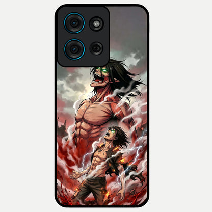 Titan Awakening Fury Glass Case showing flat back view with powerful titan inspired artwork and glossy glass finish.