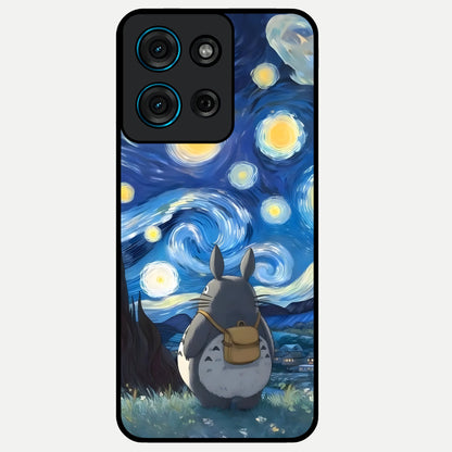 Totoro In Van Gogh Art Glass Case showing flat back view with whimsical character artwork inspired by Van Gogh style and glossy glass finish.