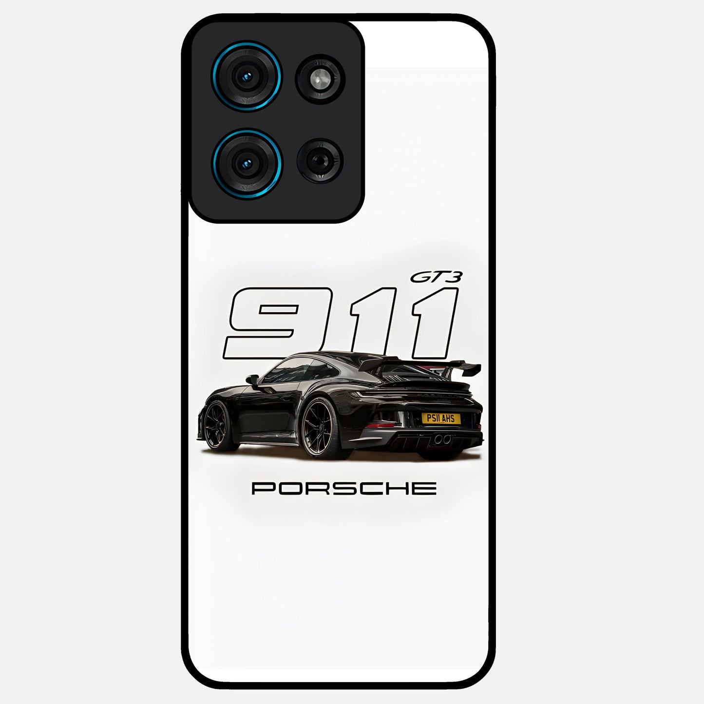 Turbo Legacy Icon Glass Case showing flat back view with iconic sports car inspired artwork and glossy glass finish.