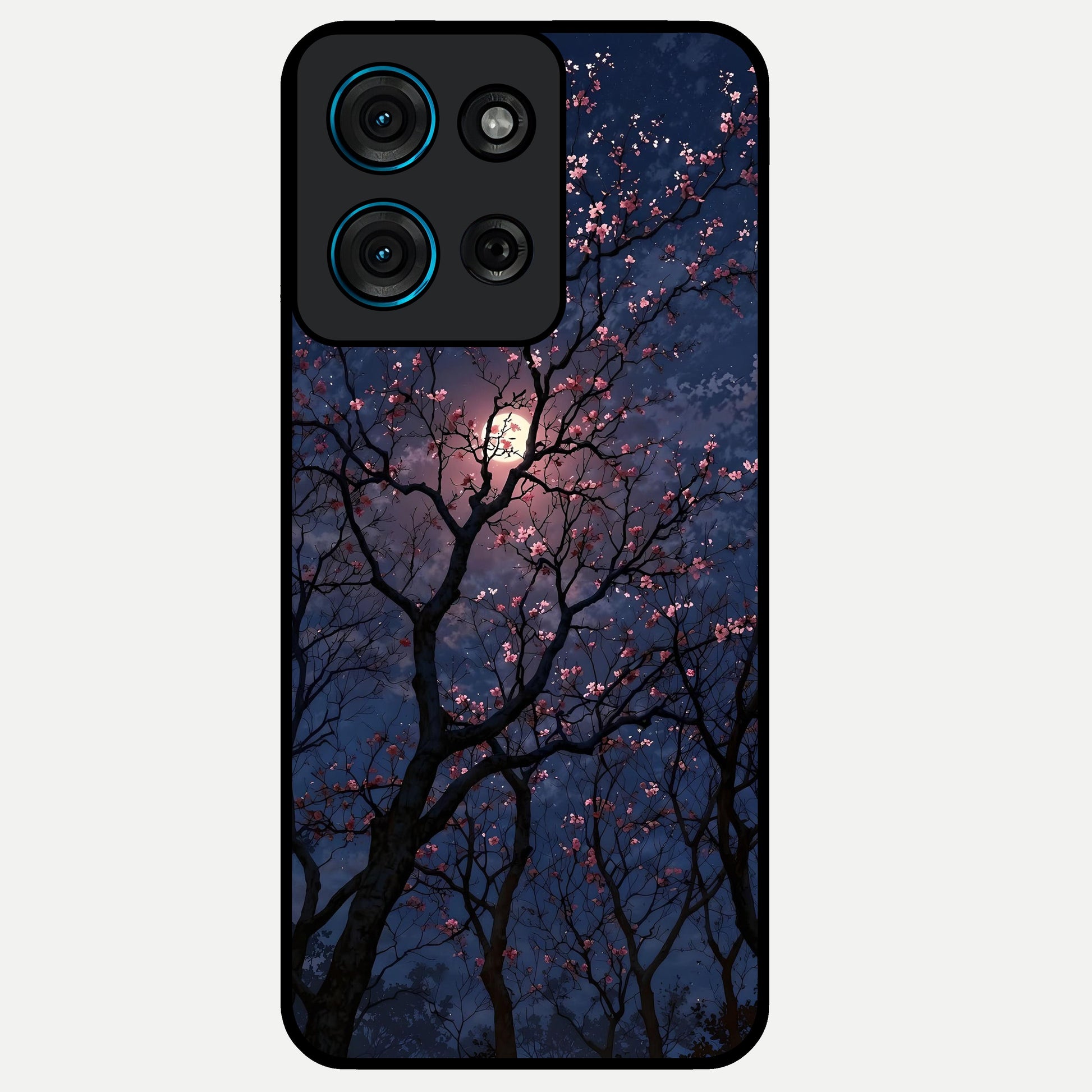 Twilight Sakura Serenade Glass Case showing flat back view with cherry blossom artwork at twilight and glossy glass finish.
