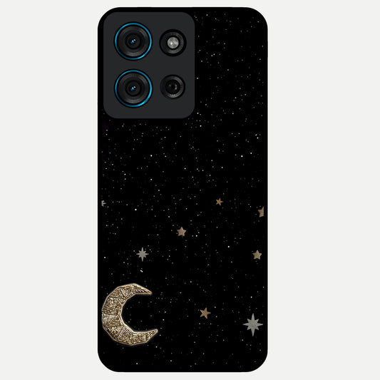 Twinkle Star With Half Moon Glass Case showing flat back view with star and half moon artwork and glossy glass finish.
