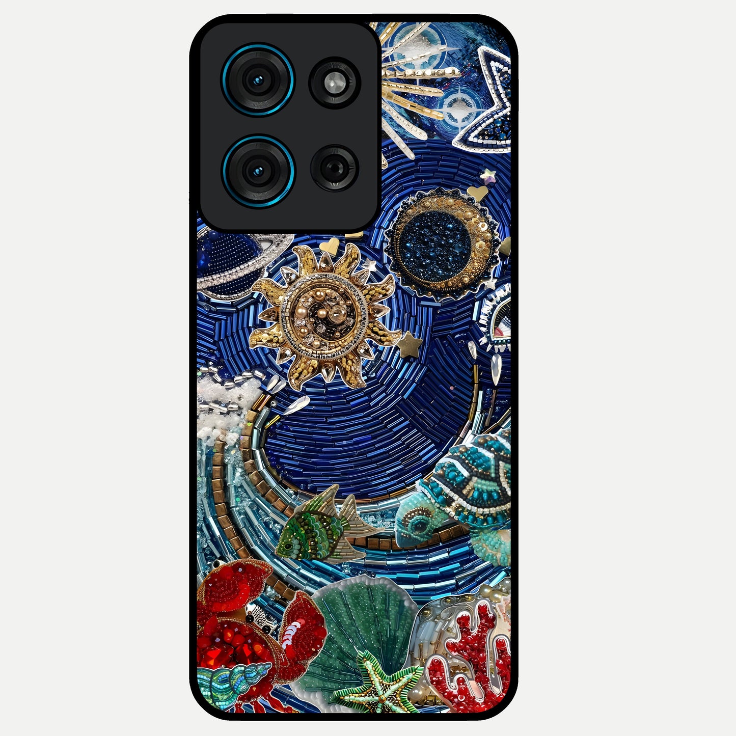 Universe Underwater Spark Glass Case showing flat back view with cosmic underwater themed artwork and glossy glass finish.