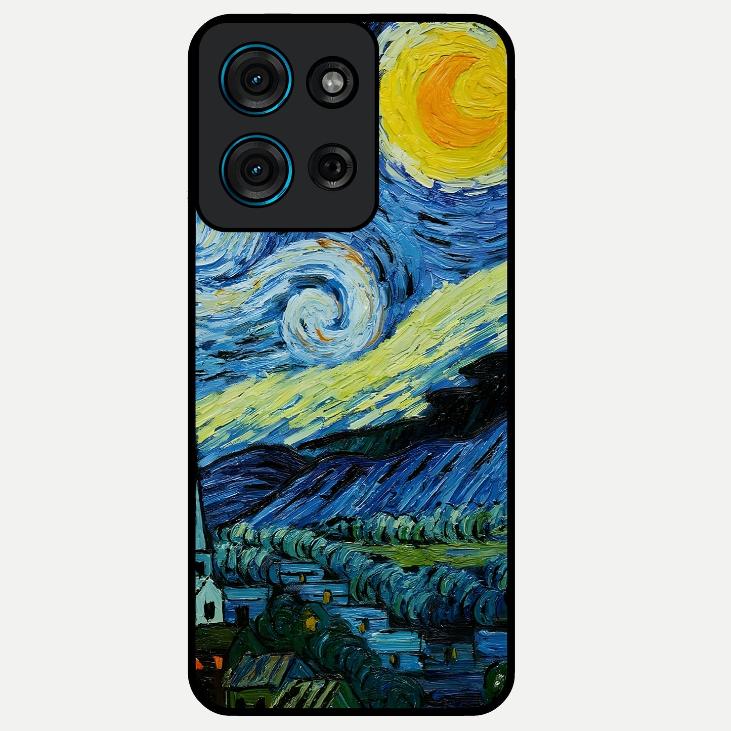 Van Gogh Art Glass Case showing flat back view with classic painterly artwork inspired by Van Gogh style and glossy glass finish.