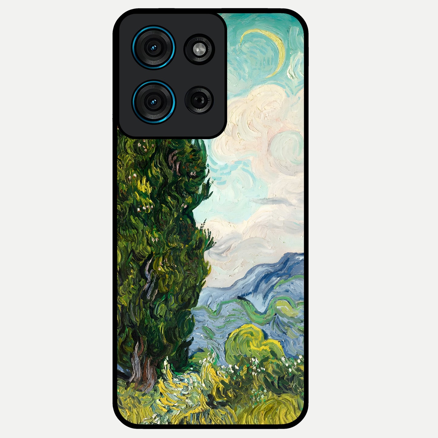 Van Gogh Vintage Art Glass Case showing flat back view with vintage painterly artwork inspired by Van Gogh style and glossy glass finish.